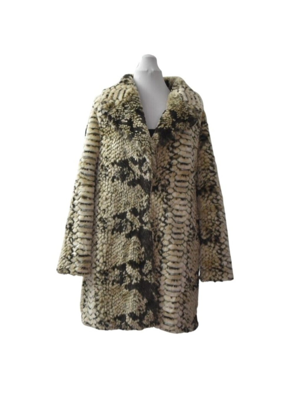 Brave + True Faux Fur Coat Womens XS Animal Print Beige Black Luxe Glam Jacket